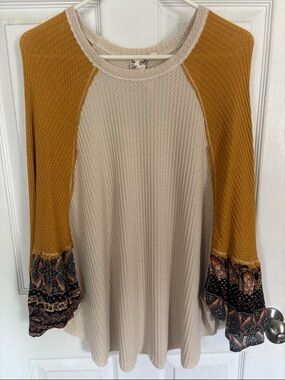Blu Pepper Cream & Mustard Waffle Knit Tunic with Patterned Boho sleeves